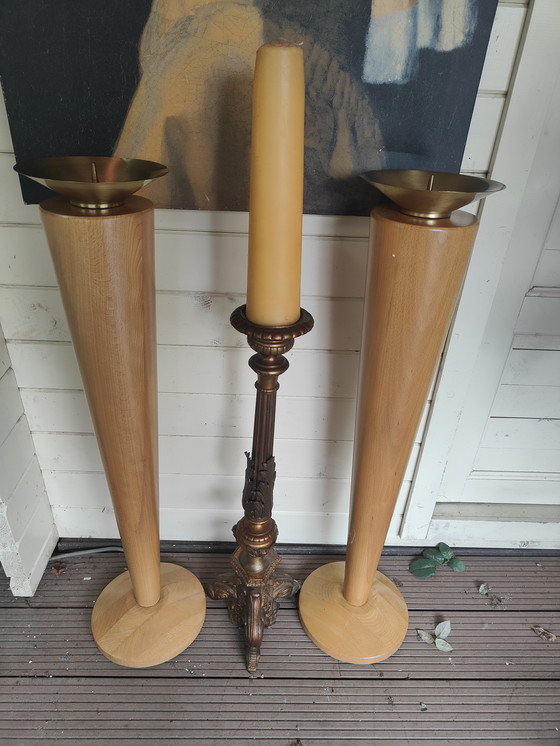 Image 1 of candlesticks 2 piece solid beech candlesticks plus church candlestick solid copper