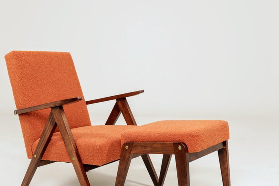 Image 1 of Vintage armchair and footrest set terracotta orange bouclé  