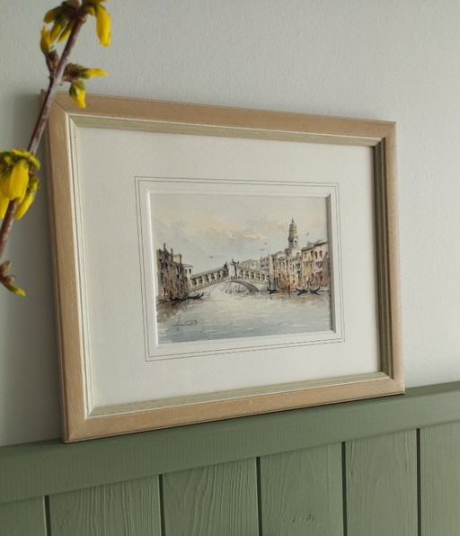 The Rialto Bridge, Venice - Signed and dated watercolor drawing, 1990, framed