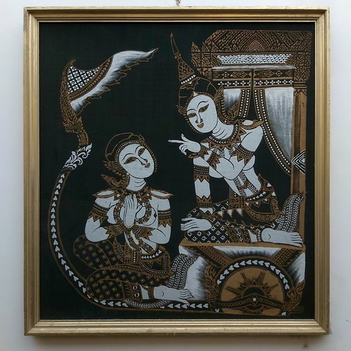 Peinture sur soie thaïlandaise ancienne - Mythologie bouddhiste