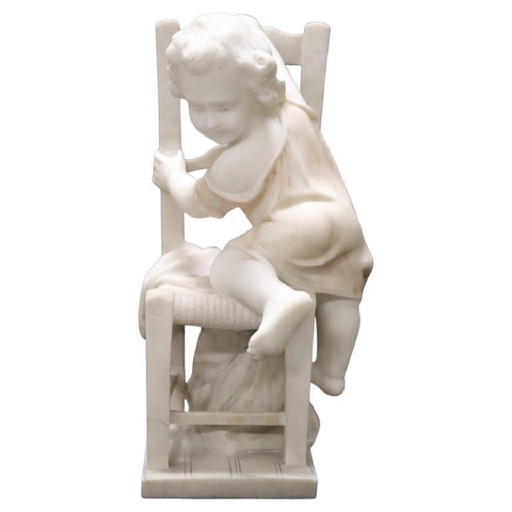 Child Gets off Chair, 19th Century Italian Marble Sculpture, Signed