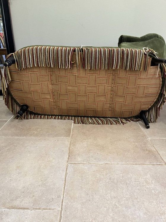 Chaise longue vintage in velluto verde scuro con frange multicolori. – Wood, Velvet, Art Nouveau (photo 12 of 18)