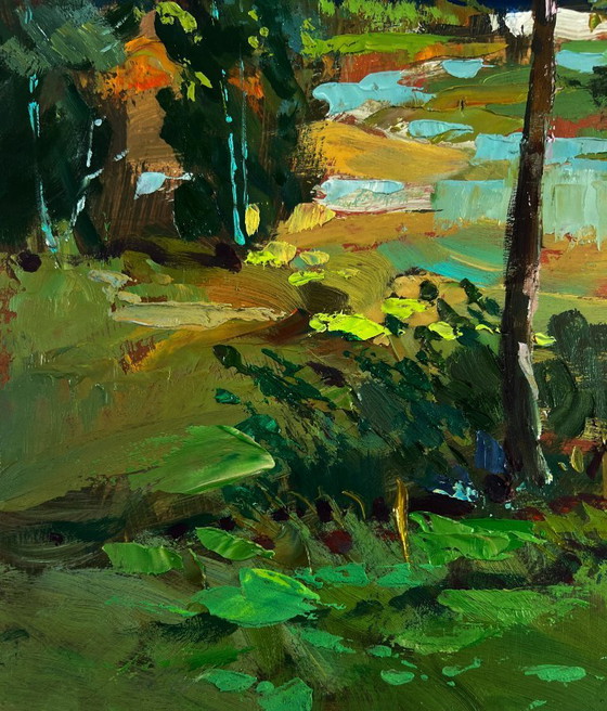 Image 1 of Original Oil Painting Summer Field Landscape Horses by the river