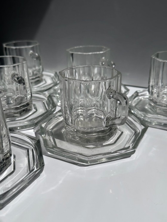 6 Vintage Glazen Espressokopjes met Achthoekige Schotels, Italië Jaren 80/90, Art Deco Revival – Servies (photo 5 of 6)