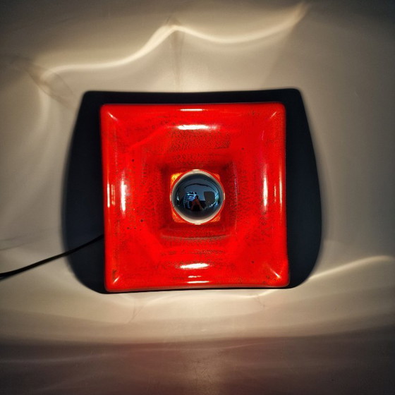 Image 1 of Vintage Square Red Wall Lamp - Ceramic, Orange/Red Glaze, Germany 1970s, Hustadt Leuchten, E27