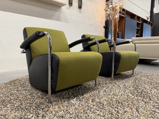 2 fauteuils Leolux Scylla tissu vert cuir bleu foncé