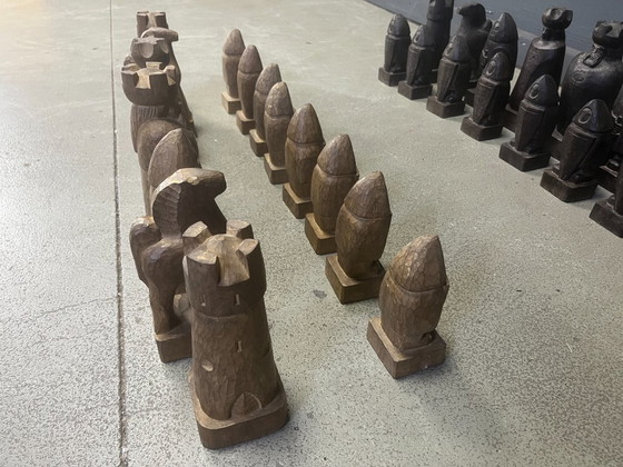 Image 1 of Großes, handgefertigtes Schachfigurenset aus Holz, 1960er Jahre