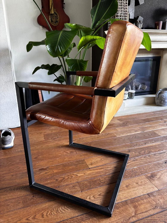 Set of 3 sturdy industrial Dining chairs (Cognac leather) – Top condition! (photo 2 of 5)