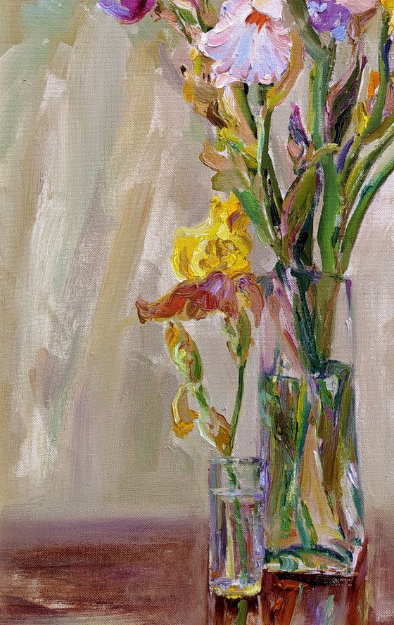 Origineel Olieverfschilderij Stilleven Bloemen Boeket Irissen – Schilderijen & Tekeningen, Canvas (photo 4 of 5)