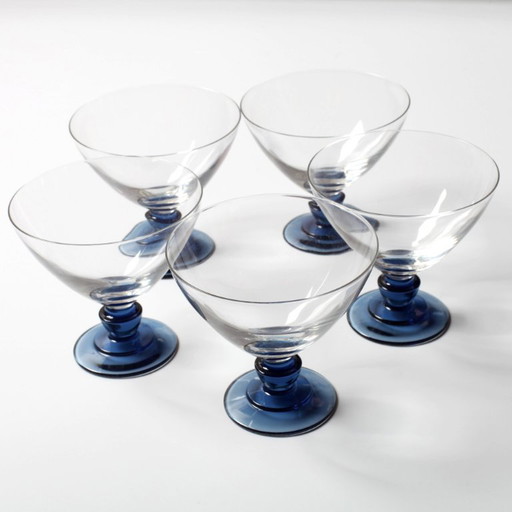 Set aus 5 blauen Kristall-Stielkelchen im Mid-Century-Stil / Luigi Bormioli / Parma / Italien / 1980er Jahre