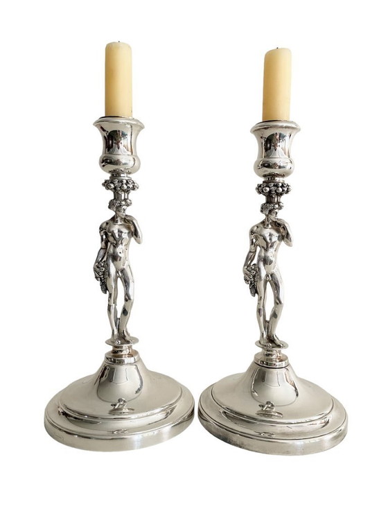 Image 1 of Pair of Christofle Figural Candle Holder - Vintage French Male Nude Silver Plated Candlesticks