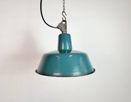 Industrial Petrol Enamel Factory Lamp with Cast Iron Top, 1960s