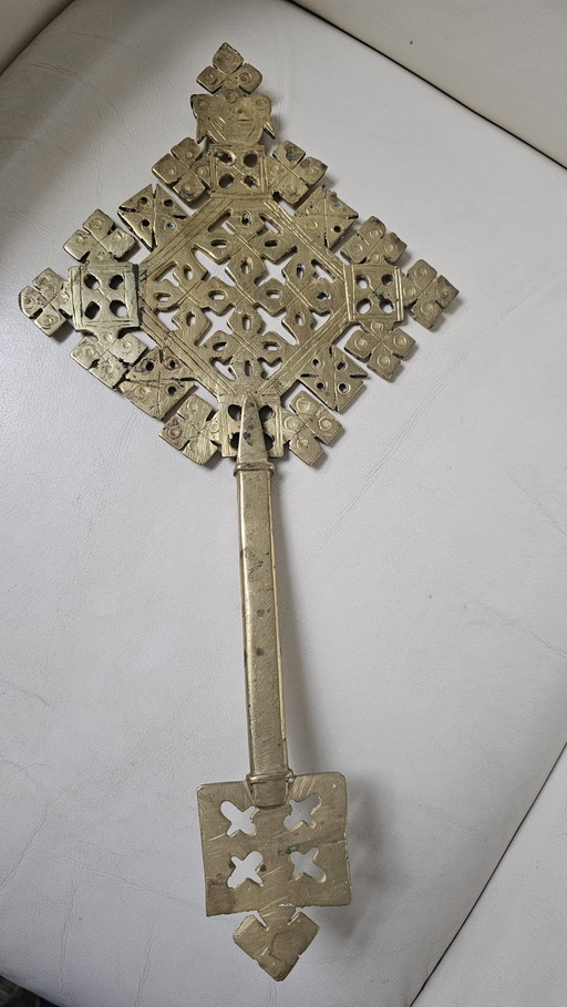 Authentic Ethiopian Coptic priest's hand cross (41 cm) – hand-forged brass
