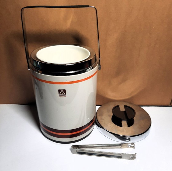 Image 1 of Vintage 1970s Himalaya Ice Jar – Retro Orange Stripes Ice Bucket with Tongs – Mid-Century Bar Essential