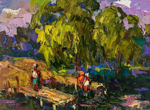 Pintura al óleo original: Paisaje costero de verano. Vacaciones en el pueblo soleado.
