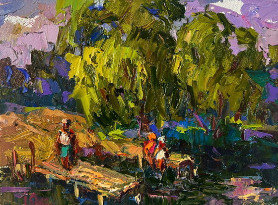 Image 1 of Original Oil Painting Summer Coastal Landscape Vacations in the village sun