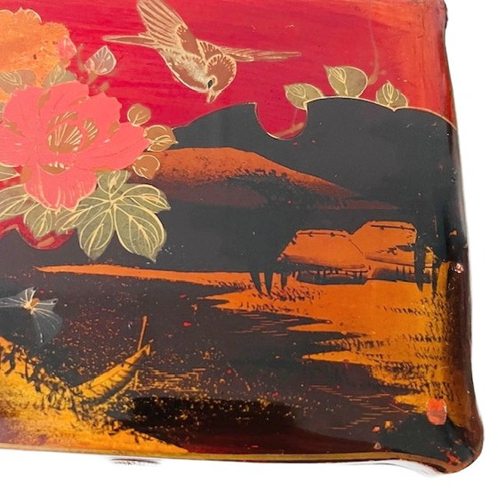 Image 1 of Antique Japanese burgundy red lacquer box, hand-painted with flowers and birds, 1920s
