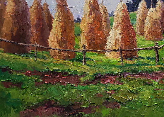 Original Oil Painting Summer Nature Landscape Haystacks in the Mountains – Paintings & Drawings, Canvas (photo 5 of 8)
