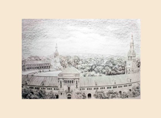 Image 1 of Picture of Plaza de España in Seville. Drawing of Plaza de España in Seville. Seville drawing. Seville painting.