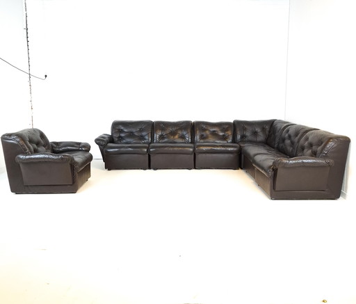 Canapé d'angle modulable vintage 7 pièces en cuir noir/marron