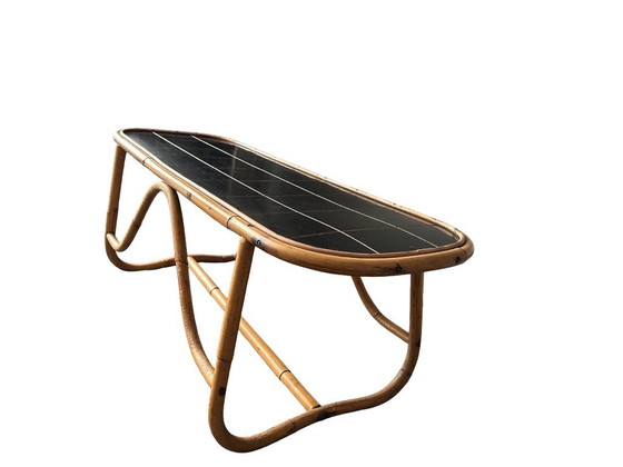 Image 1 of Vintage Bamboo Coffee Table with Black Plastic Top