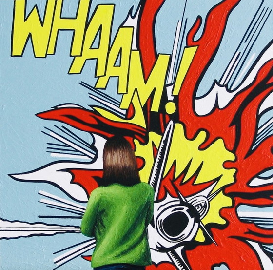Image 1 of Gerard Boersma : Whaam ! (tableau représentant une femme admirant un tableau de Roy Lichtenstein). Pièce unique, encadrée, avec 