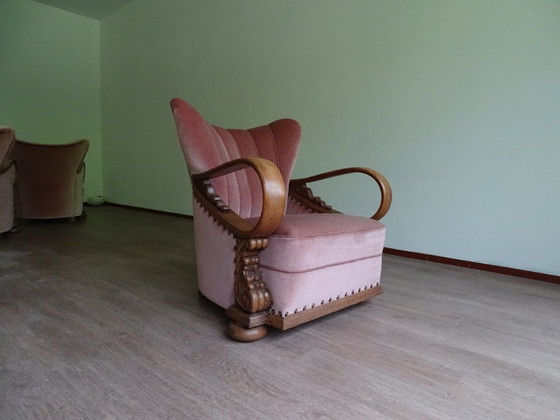 Image 1 of ⚠️ 2 sur 4 encore disponibles | Fauteuils club Art déco (env. 1920-1950) | Velours rose poudré | Chêne sculpté