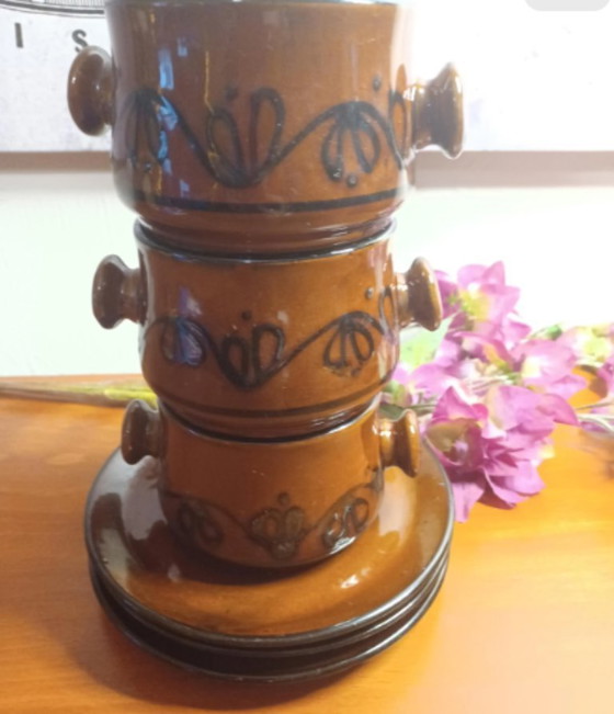 Image 1 of Vintage West-Duitse keramische soepkommen met schotels - Set van 3, jaren 70, mid-century modern, bruin geglazuurde kommen met h