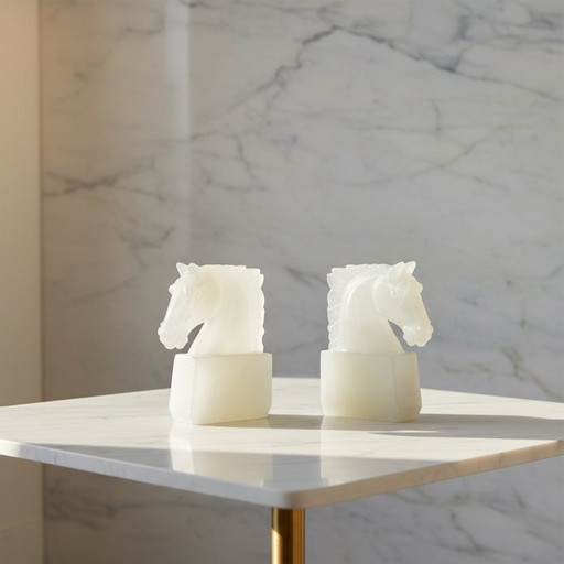 Witte onyx - Vintage boekensteunen met paardenhoofd