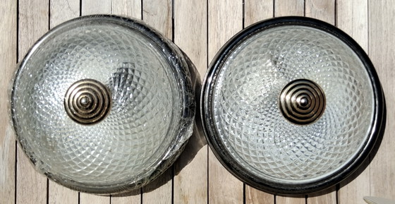 Image 1 of 2 ceiling lights in Hollywood Regency style, crystal glass shade and brass base