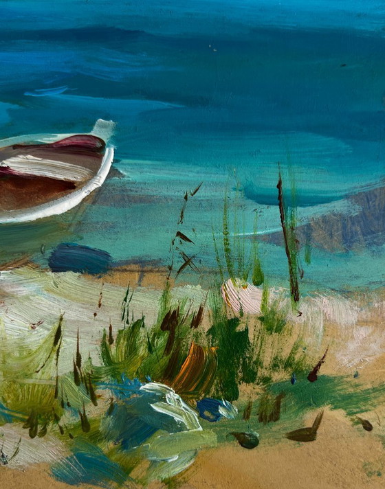 Image 1 of Original Oil Painting Coastal Rock Landscape Boat on the seashore
