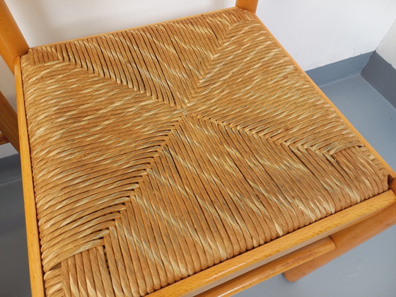 Image 1 of Suite van 4 Vintage Brutalistische stoelen in licht hout en stro uit de jaren 70 en 80