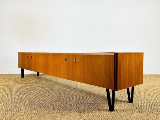 Image 1 of Low Scandinavian teak sideboard with metal compass legs, 1960