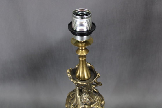 Image 1 of 1940s Restored Brass and marble Table Lamp with Fabric Shade