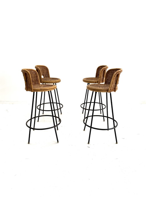 Set Van 4 Vintage Barkrukken, Rotan & Smeedijzer ‘60 – Rattan, Wicker