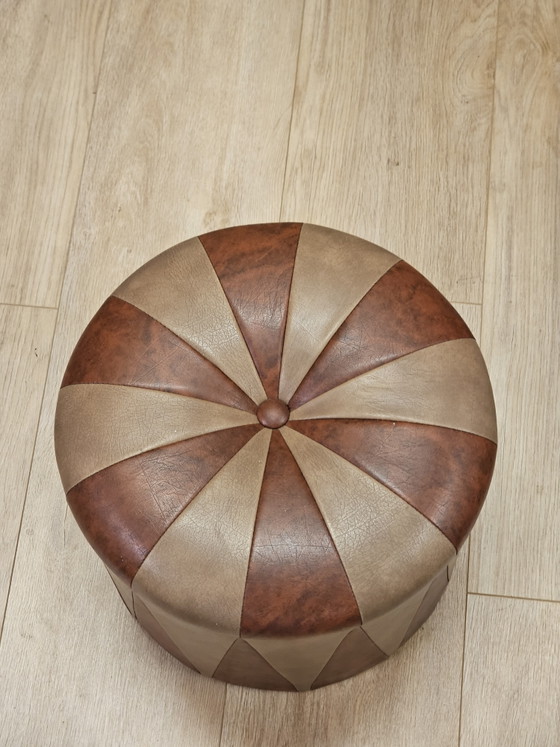 Vintage Skailer Pouf - Brown/Beige Leather Ottoman – Footstools & poufs (photo 3 of 5)