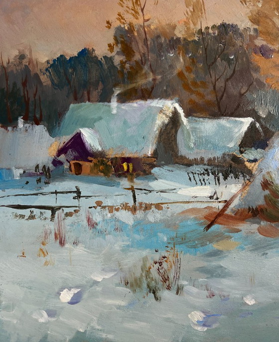 Image 1 of Original Oil Painting Snow Village Landscape Snow and sunset lights