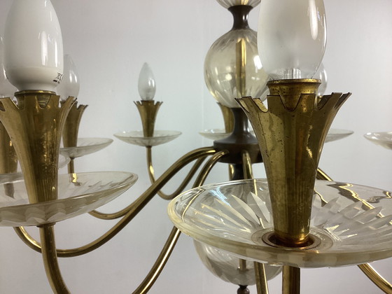 Image 1 of Grande lampadario vintage Chandolier degli anni Cinquanta in vetro e rame 