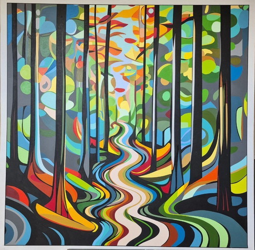 Peinture moderne de paysage forestier - 'Derrière les arbres' par Franklin van Dam - Acrylique sur MDF (95 x 95 cm)