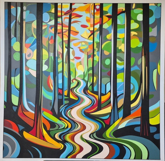 Image 1 of Modern forest landscape painting - 'Behind the Trees' by Franklin van Dam - Acrylic on MDF (95 x 95 cm)