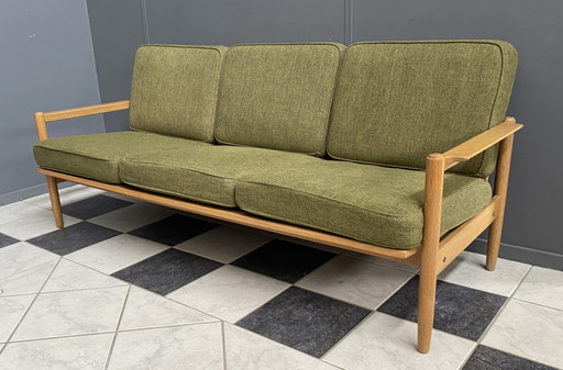 Canapé 3 places en bois et tissu vert 1960