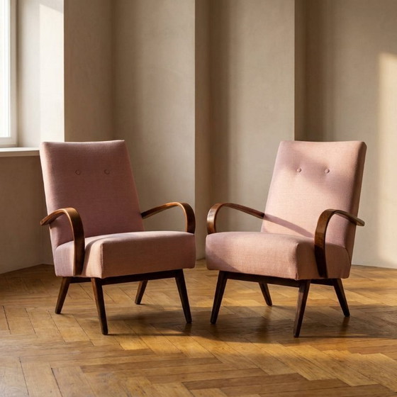 Fauteuils restaurés en bois courbé par Jaroslav Šmídek, paire, Tchécoslovaquie, nouveau revêtement rose, 61 × (photo 2 of 8)