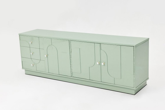 Vintage Sideboard, Wood, Relief, Pastel Green, High-Gloss Finish, 1970s (photo 3 of 15)
