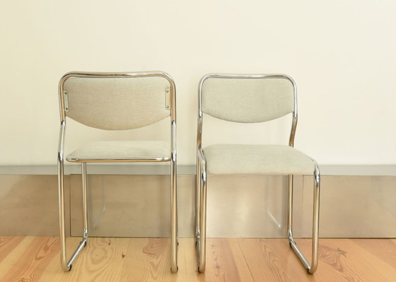 Image 1 of VINTAGE VINTAGE stalen buisvormige stoffen eetkamerstoel vrijdragend Bauhaus Modernist jaren 70