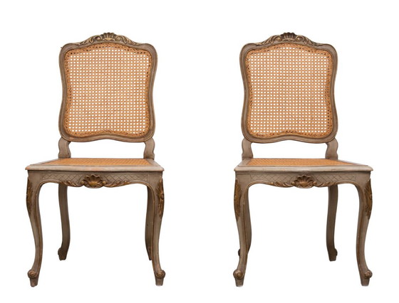 Pair of Gold and Green Painted Louis XV Style Cane Side Chairs – Dining chairs (photo 18 of 40)
