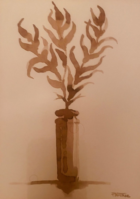 Image 1 of Set of 3 still life paintings with vases of dried flowers, Wabi Sabi style