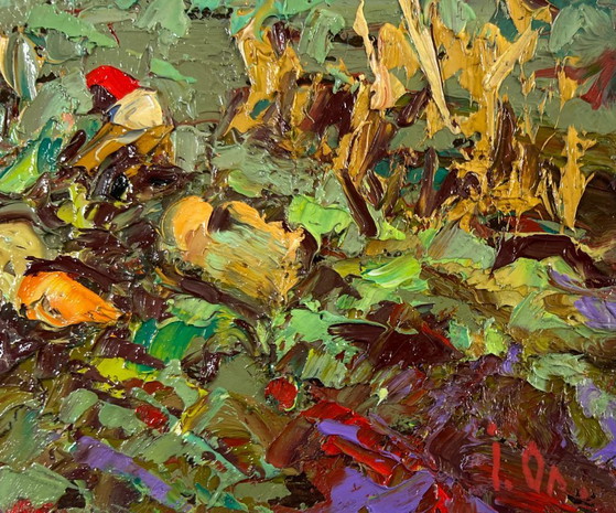 Image 1 of Original Oil Painting Evening Village Landscape The land that gives generosity