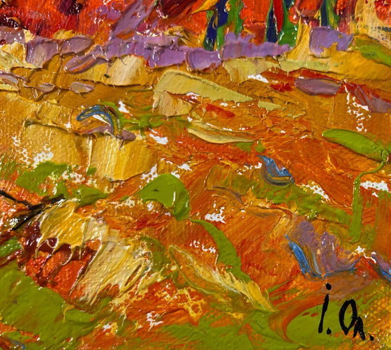 Image 1 of Peinture à l'huile originale, paysage de champ d'été, après-midi d'août