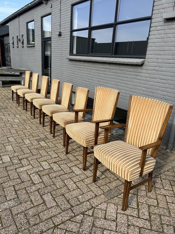 Image 1 of 8 X vintage Art Deco solid oak chairs