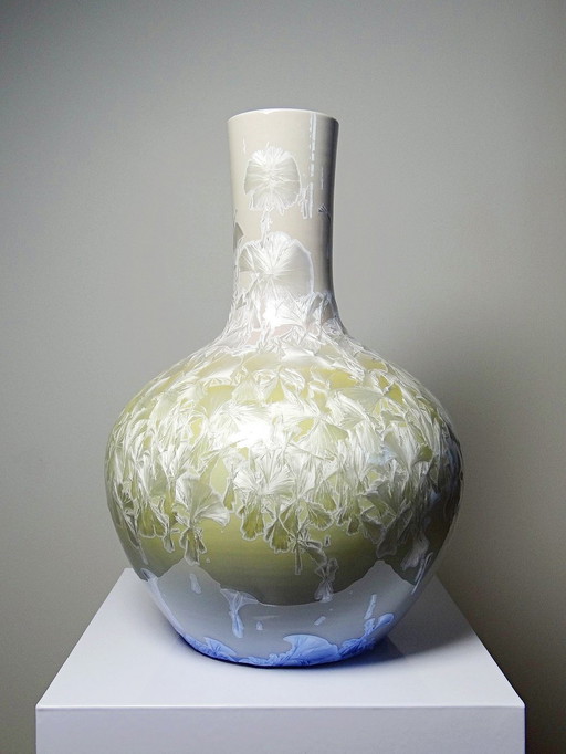Grand Vase Globulaire Porcelaine Émaux Cristallins Jingdezhen Zhi Vintage